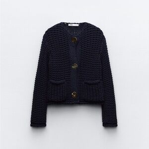 ZARA NEW WOMAN CHUNKY-KNIT CARDIGAN NAVY BLUE - Large - 5802/001